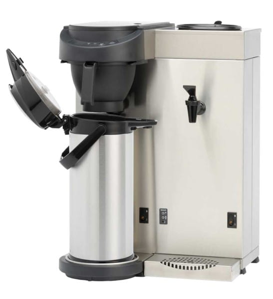 Filterkaffeemaschine für Pumpkanne, mit eingebautem Heißwasserkocher, mit Wasseranschluss, schwarz