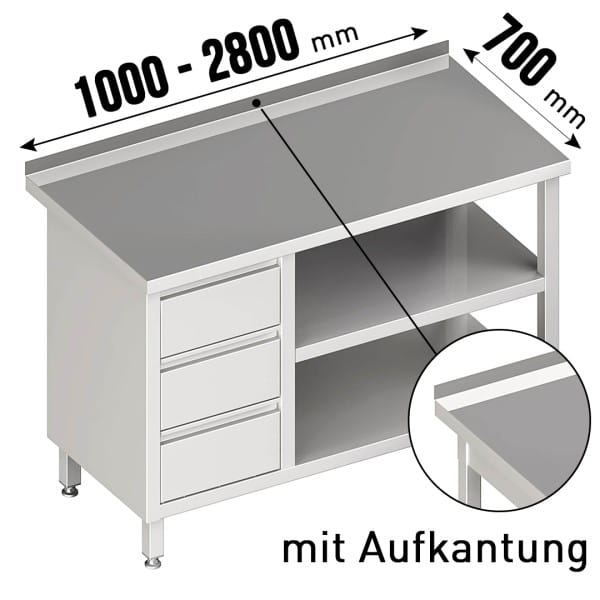 Arbeitstisch, mit Aufkantung, mit Grundboden, mit Zwischenboden, mit 3er Schubladenblock links